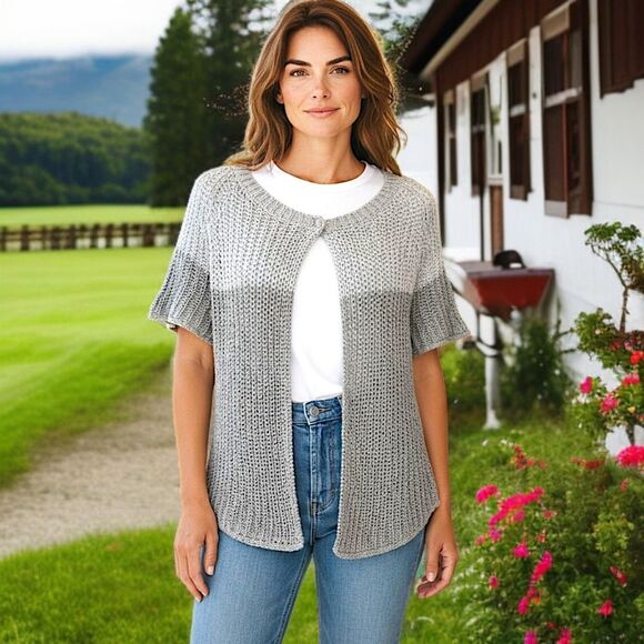 Chicos Open Knit Cardigan Sz 0 S Sweater Short Sleeve Shrug Capsule Luxury Gray - Picture 13 of 16